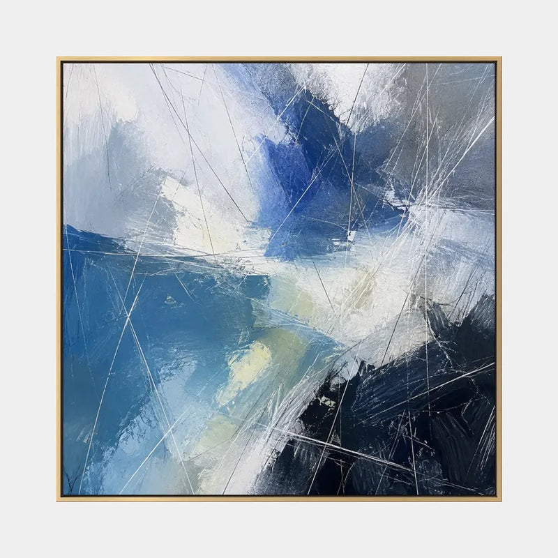 Peinture à l'huile abstraite et conceptuelle d'expressionnisme abstrait présentant des marques abstraites superposées, une texture et un mouvement pictural expressif dans une palette bleue.