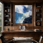 Abstract Expressionist abstract oil painting showing layered abstract marks, texture and expressive painterly movement in a blue palette.