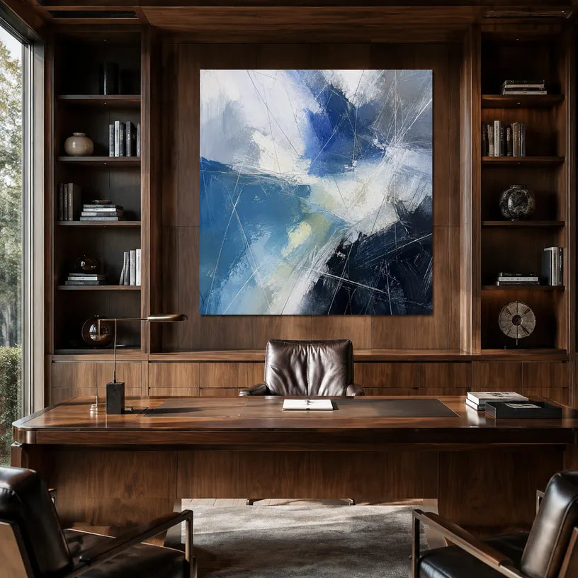 Abstract Expressionist abstract oil painting showing layered abstract marks, texture and expressive painterly movement in a blue palette.
