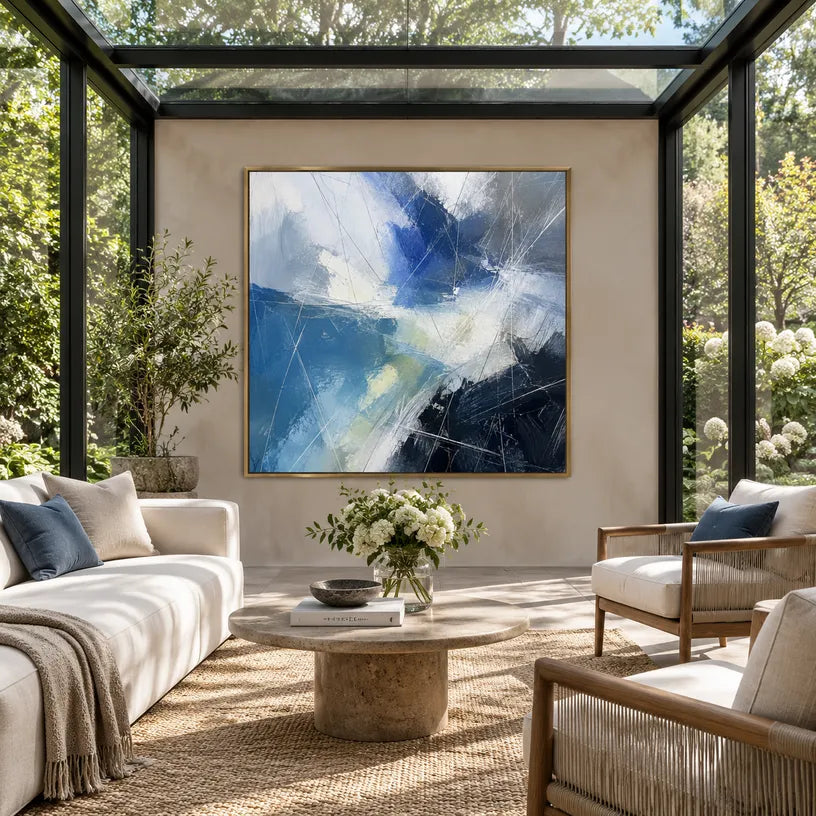 Abstract Expressionist abstract oil painting showing layered abstract marks, texture and expressive painterly movement in a blue palette.