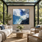 Abstract Expressionist abstract oil painting showing layered abstract marks, texture and expressive painterly movement in a blue palette.
