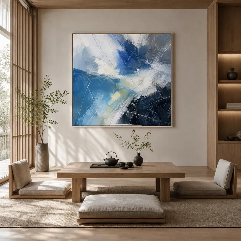 Abstract Expressionist abstract oil painting showing layered abstract marks, texture and expressive painterly movement in a blue palette.