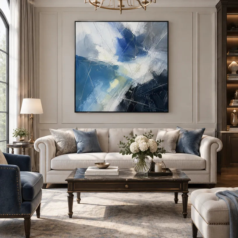 Abstract Expressionist abstract oil painting showing layered abstract marks, texture and expressive painterly movement in a blue palette.