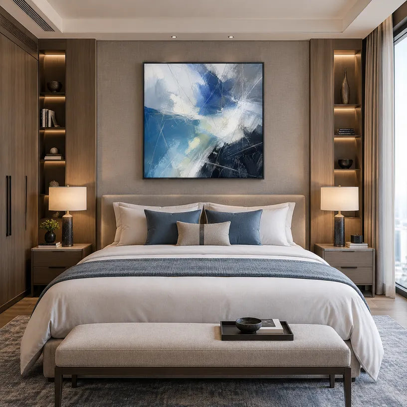 Abstract Expressionist abstract oil painting showing layered abstract marks, texture and expressive painterly movement in a blue palette.