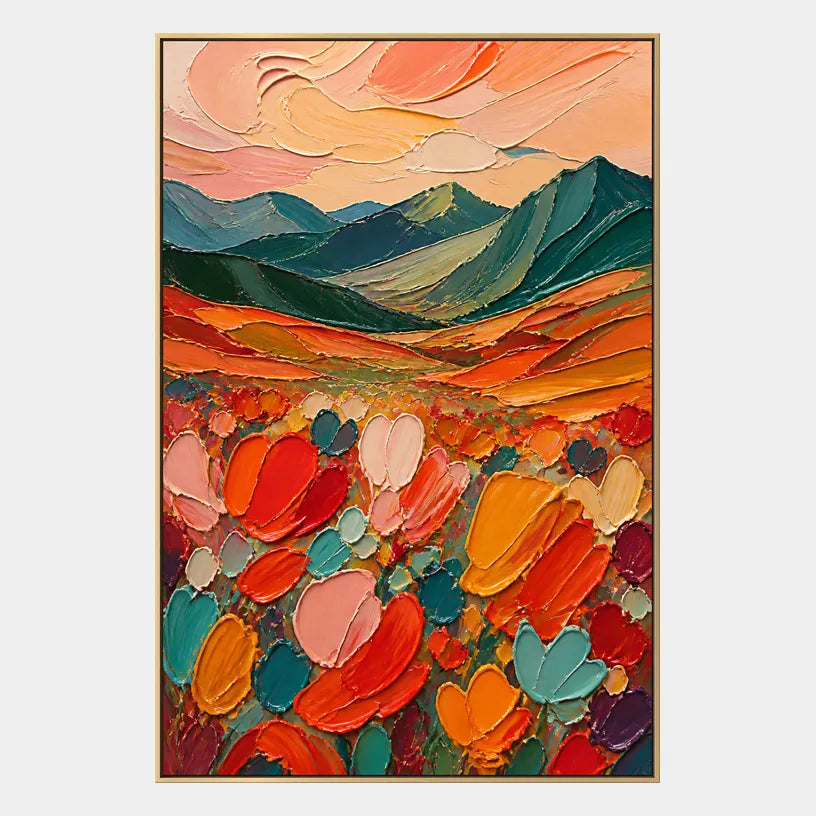 Abstract Expressionist landscapes & seascapes & cityscapes oil painting showing a painterly landscape with distant hills, trees or reflective water in a orange palette.