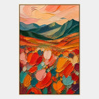 Abstract Expressionist landscapes & seascapes & cityscapes oil painting showing a painterly landscape with distant hills, trees or reflective water in a orange palette.