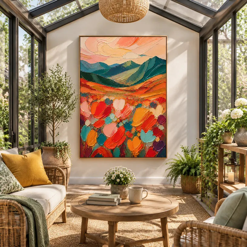 Abstract Expressionist landscapes & seascapes & cityscapes oil painting showing a painterly landscape with distant hills, trees or reflective water in a orange palette.