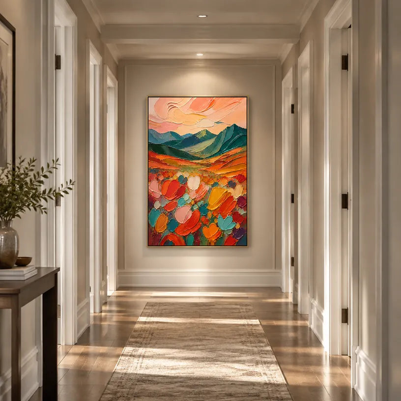 Abstract Expressionist landscapes & seascapes & cityscapes oil painting showing a painterly landscape with distant hills, trees or reflective water in a orange palette.
