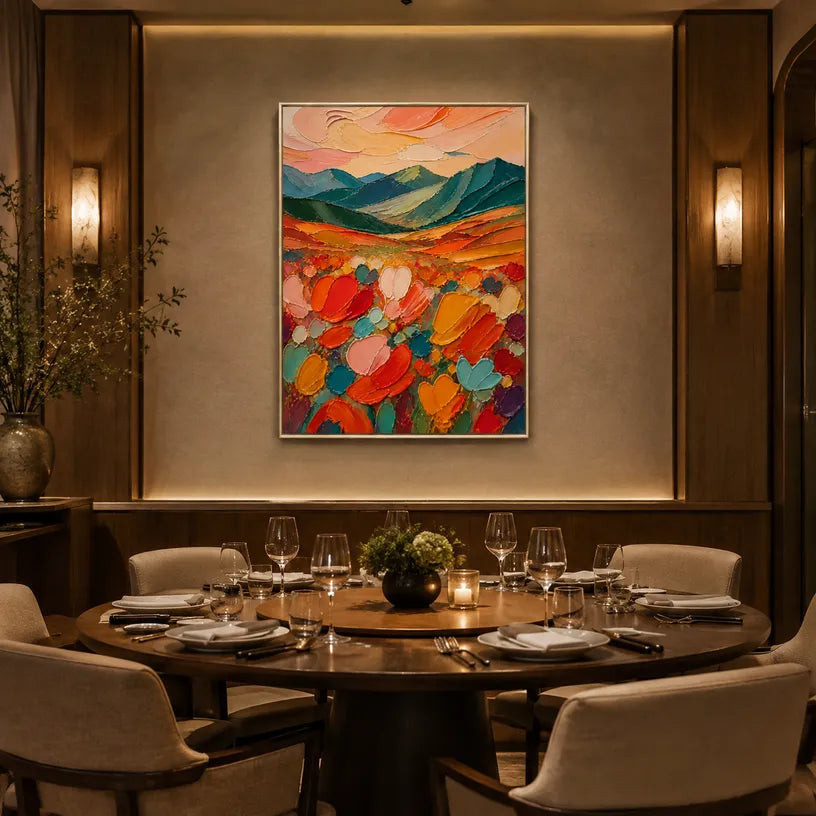 Abstract Expressionist landscapes & seascapes & cityscapes oil painting showing a painterly landscape with distant hills, trees or reflective water in a orange palette.