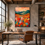 Abstract Expressionist landscapes & seascapes & cityscapes oil painting showing a painterly landscape with distant hills, trees or reflective water in a orange palette.