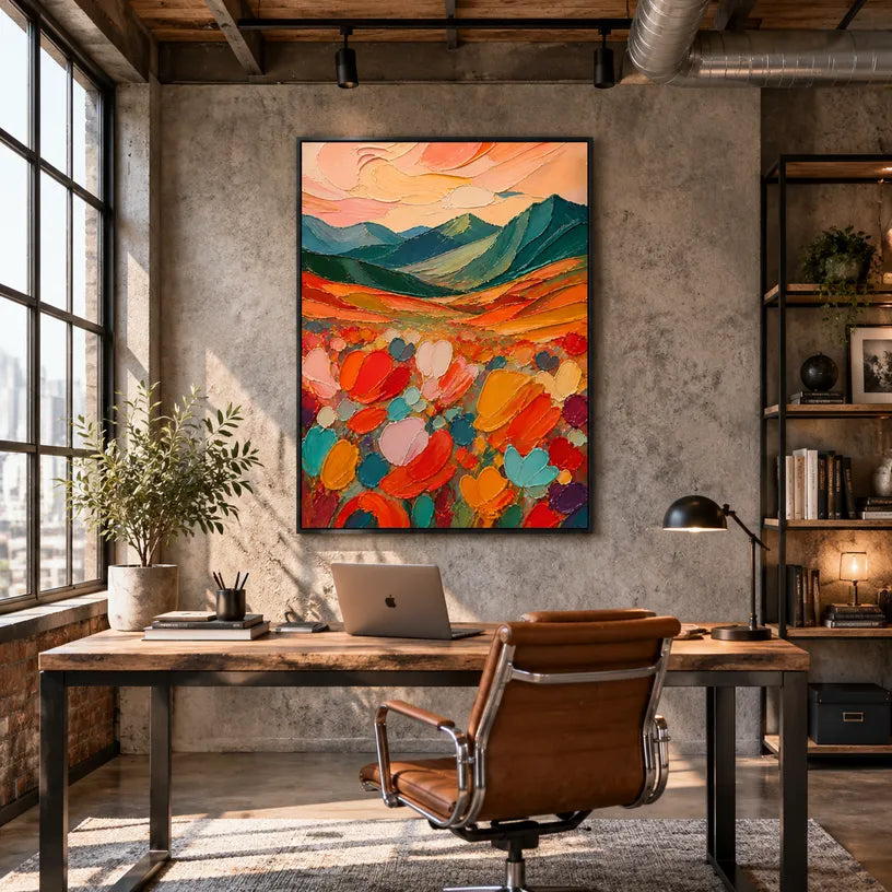 Abstract Expressionist landscapes & seascapes & cityscapes oil painting showing a painterly landscape with distant hills, trees or reflective water in a orange palette.