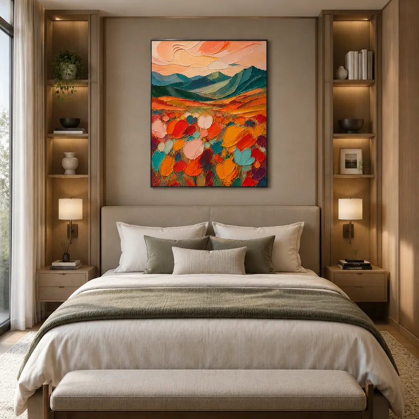 Abstract Expressionist landscapes & seascapes & cityscapes oil painting showing a painterly landscape with distant hills, trees or reflective water in a orange palette.