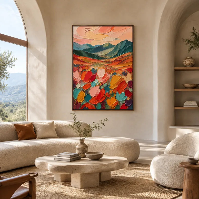 Abstract Expressionist landscapes & seascapes & cityscapes oil painting showing a painterly landscape with distant hills, trees or reflective water in a orange palette.