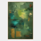 Abstract Expressionist abstract oil painting showing layered abstract marks, texture and expressive painterly movement in a green palette.