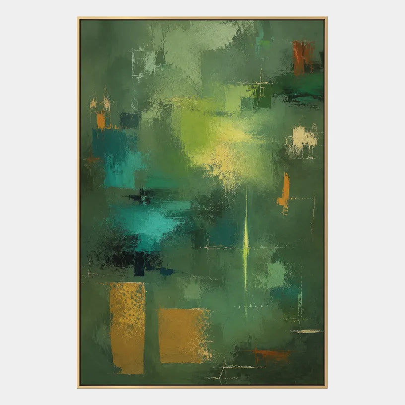 Abstract Expressionist abstract oil painting showing layered abstract marks, texture and expressive painterly movement in a green palette.