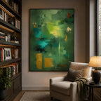 Abstract Expressionist abstract oil painting showing layered abstract marks, texture and expressive painterly movement in a green palette.