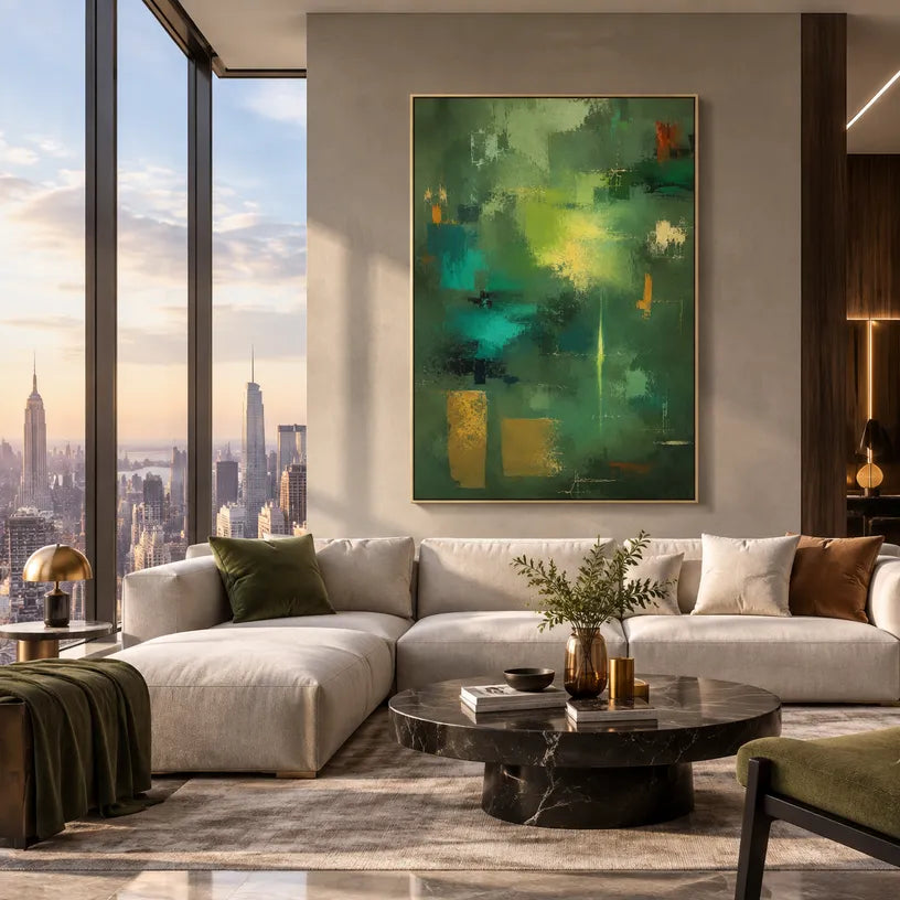 Abstract Expressionist abstract oil painting showing layered abstract marks, texture and expressive painterly movement in a green palette.