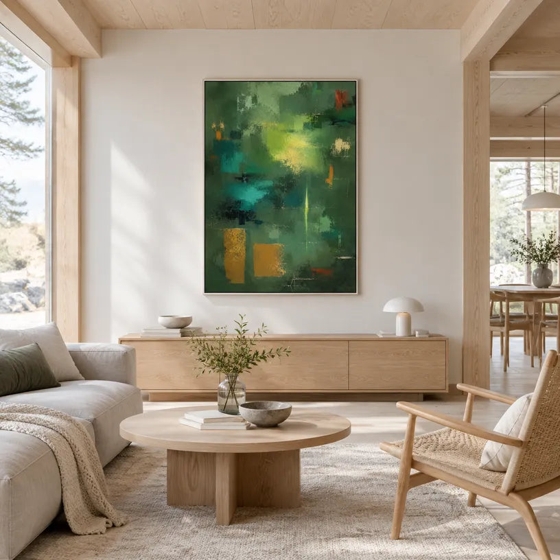 Abstract Expressionist abstract oil painting showing layered abstract marks, texture and expressive painterly movement in a green palette.