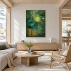 Abstract Expressionist abstract oil painting showing layered abstract marks, texture and expressive painterly movement in a green palette.