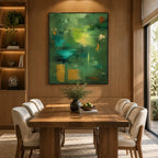 Abstract Expressionist abstract oil painting showing layered abstract marks, texture and expressive painterly movement in a green palette.