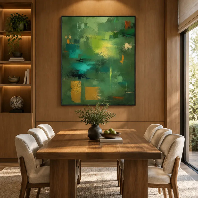 Abstract Expressionist abstract oil painting showing layered abstract marks, texture and expressive painterly movement in a green palette.
