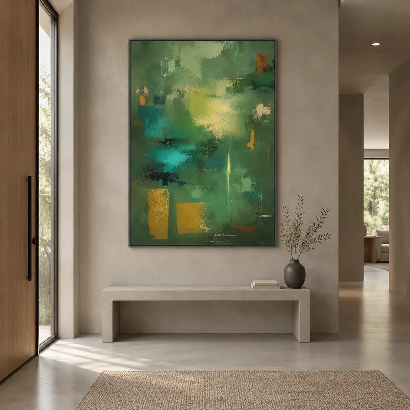 Abstract Expressionist abstract oil painting showing layered abstract marks, texture and expressive painterly movement in a green palette.