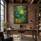 Abstract Expressionist abstract oil painting showing layered abstract marks, texture and expressive painterly movement in a green palette.
