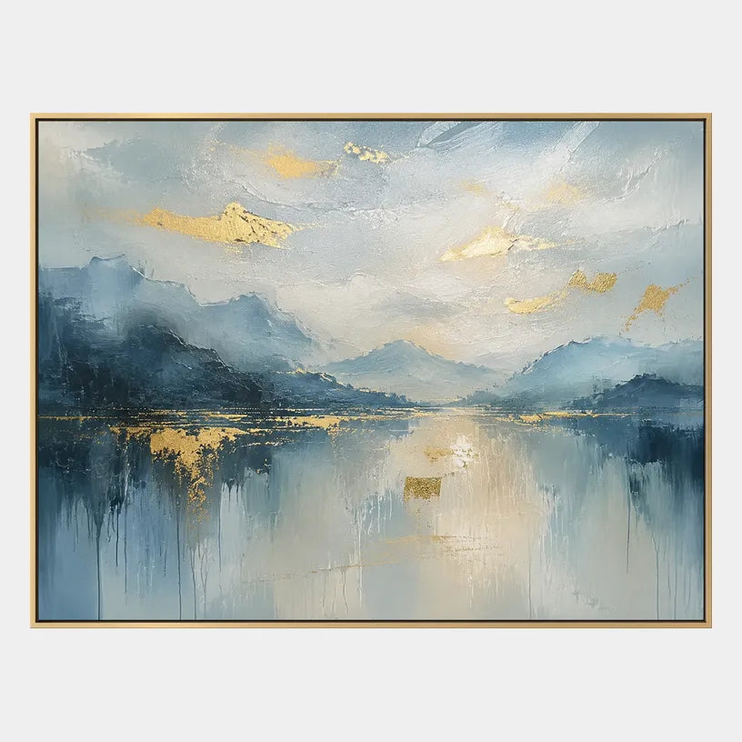 Abstract Expressionist landscapes & seascapes & cityscapes oil painting showing a cool blue mountain lake and forest shoreline in a blue palette, contemporary wall art.