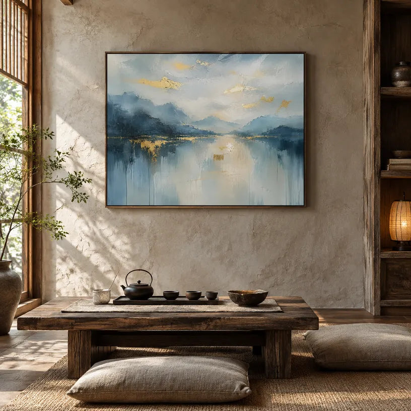 Abstract Expressionist landscapes & seascapes & cityscapes oil painting showing a cool blue mountain lake and forest shoreline in a blue palette, contemporary wall art.