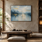 Abstract Expressionist landscapes & seascapes & cityscapes oil painting showing a cool blue mountain lake and forest shoreline in a blue palette, contemporary wall art.