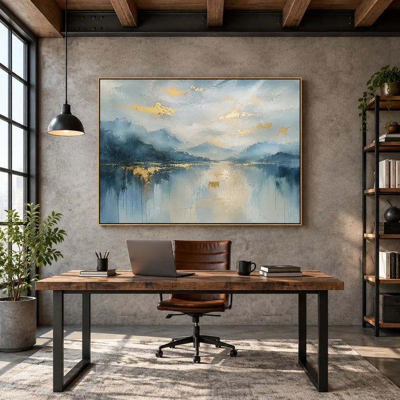 Abstract Expressionist landscapes & seascapes & cityscapes oil painting showing a cool blue mountain lake and forest shoreline in a blue palette, contemporary wall art.