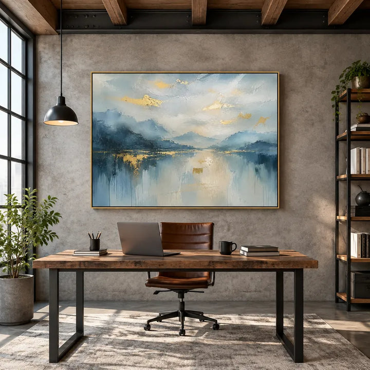 Dipinto a olio con paesaggi, paesaggi marini e paesaggi urbani dell'Espressionismo astratto, caratterizzato da un paesaggio atmosferico, da un paesaggio marino o da una composizione ispirata alla città in una tavolozza blu.