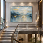 Abstract Expressionist landscapes & seascapes & cityscapes oil painting showing a cool blue mountain lake and forest shoreline in a blue palette, contemporary wall art.