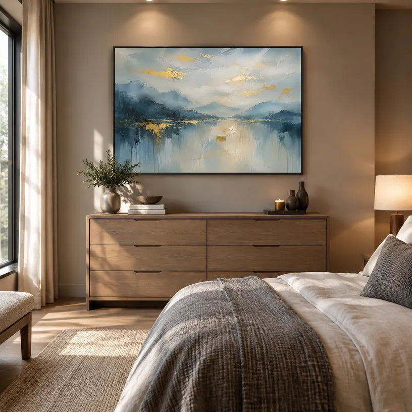 Abstract Expressionist landscapes & seascapes & cityscapes oil painting showing a cool blue mountain lake and forest shoreline in a blue palette, contemporary wall art.