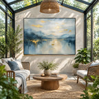 Abstract Expressionist landscapes & seascapes & cityscapes oil painting showing a cool blue mountain lake and forest shoreline in a blue palette, contemporary wall art.