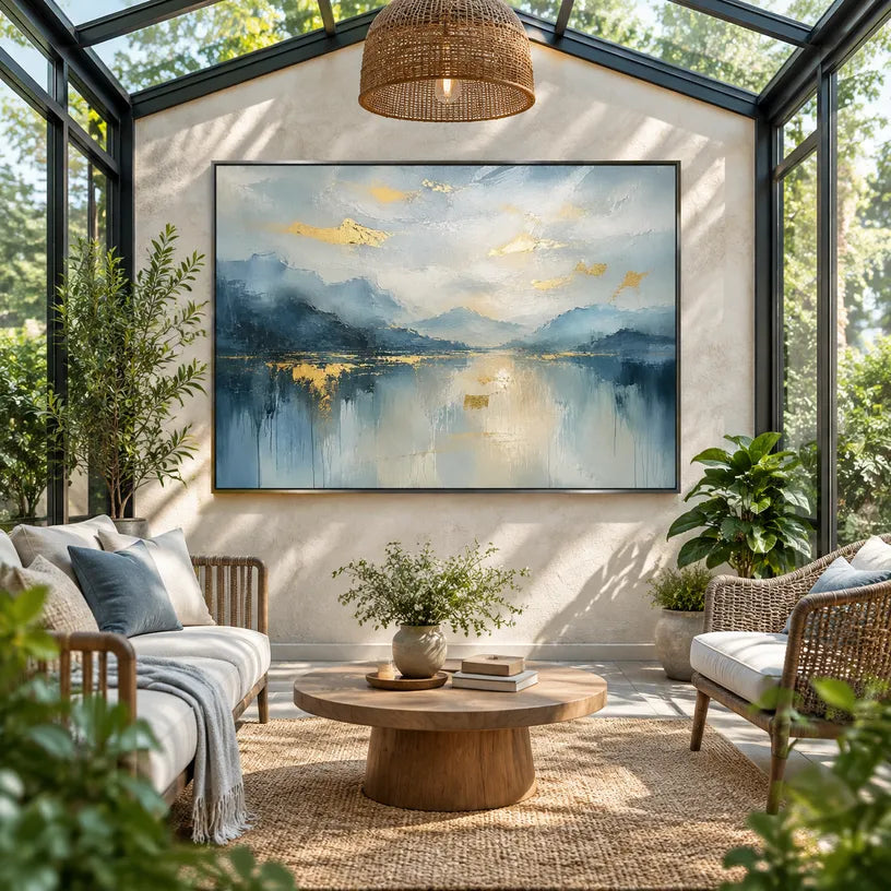 Abstract Expressionist landscapes & seascapes & cityscapes oil painting showing a cool blue mountain lake and forest shoreline in a blue palette, contemporary wall art.