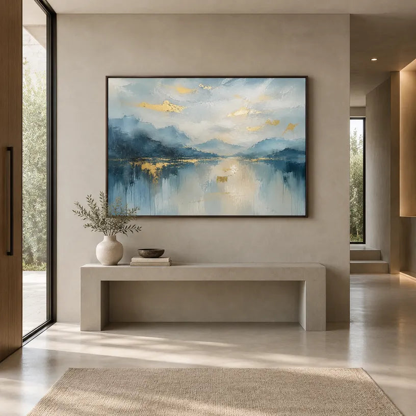 Abstract Expressionist landscapes & seascapes & cityscapes oil painting showing a cool blue mountain lake and forest shoreline in a blue palette, contemporary wall art.