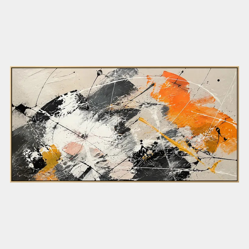 Abstract Expressionist abstract oil painting showing layered black, white and orange abstract brushwork, contemporary wall art.