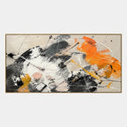 Abstract Expressionist abstract oil painting showing layered black, white and orange abstract brushwork, contemporary wall art.