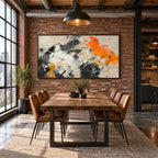 Abstract Expressionist abstract oil painting showing layered black, white and orange abstract brushwork, contemporary wall art.