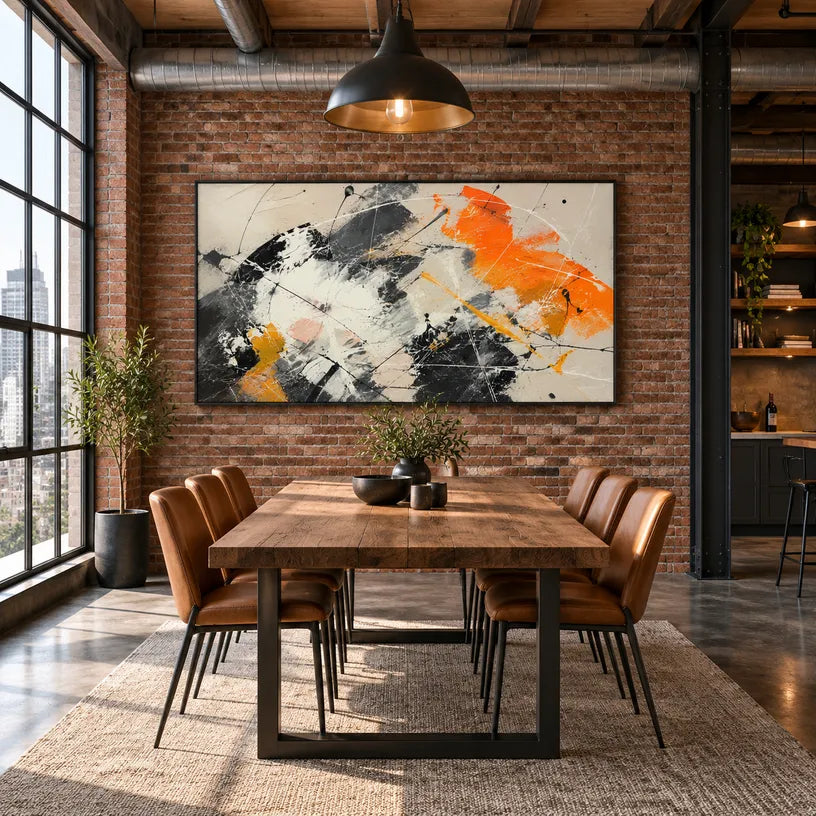 Abstract Expressionist abstract oil painting showing layered black, white and orange abstract brushwork, contemporary wall art.