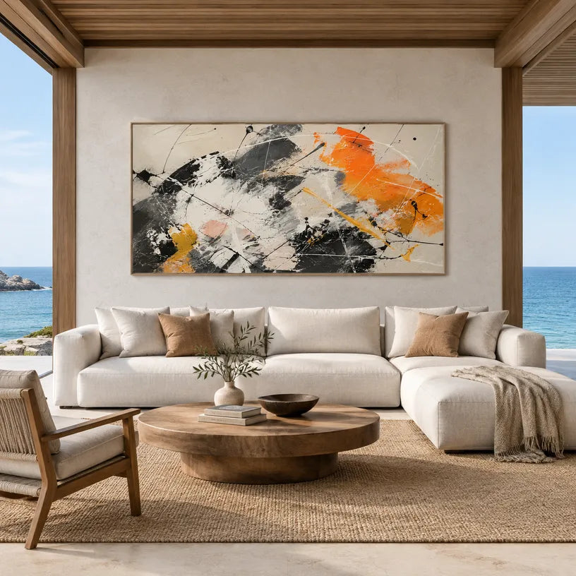 Abstract Expressionist abstract oil painting showing layered black, white and orange abstract brushwork, contemporary wall art.