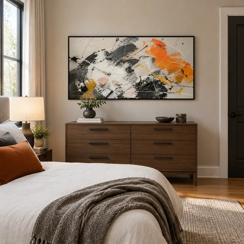 Abstract Expressionist abstract oil painting showing layered black, white and orange abstract brushwork, contemporary wall art.