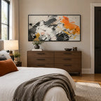 Abstract Expressionist abstract oil painting showing layered black, white and orange abstract brushwork, contemporary wall art.