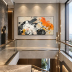 Abstract Expressionist abstract oil painting showing layered black, white and orange abstract brushwork, contemporary wall art.
