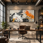 Abstract Expressionist abstract oil painting showing layered black, white and orange abstract brushwork, contemporary wall art.