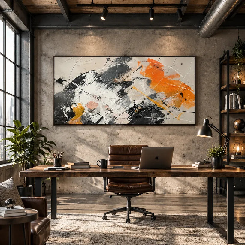 Abstract Expressionist abstract oil painting showing layered black, white and orange abstract brushwork, contemporary wall art.