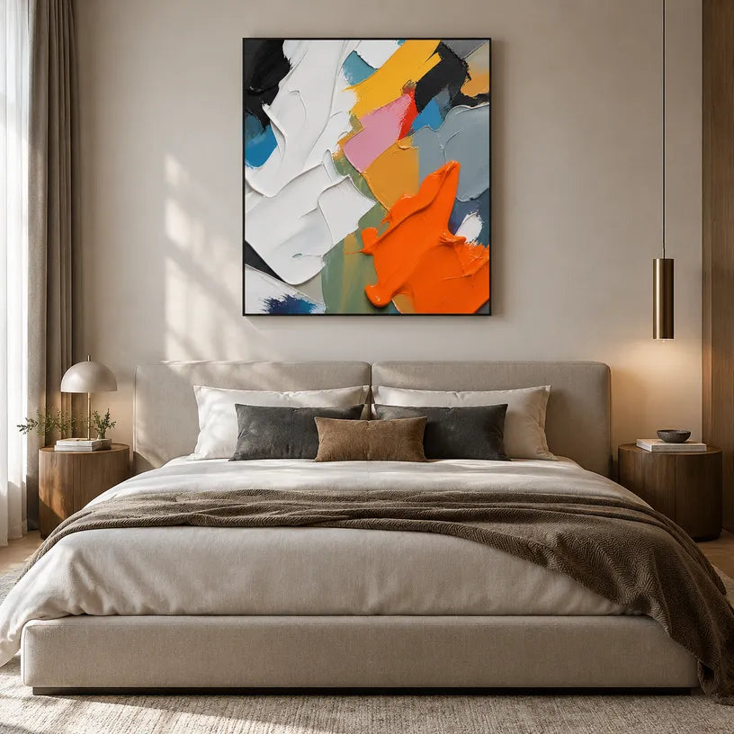 Abstract Expressionist abstract oil painting showing layered abstract marks, texture and expressive painterly movement.