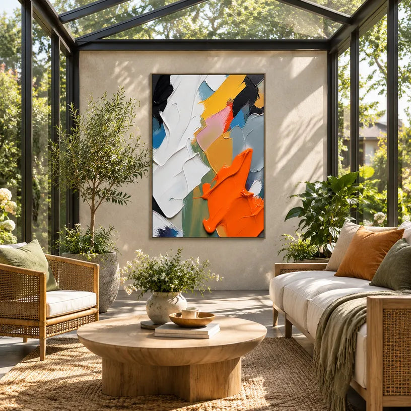 Abstract Expressionist abstract oil painting showing layered abstract marks, texture and expressive painterly movement.