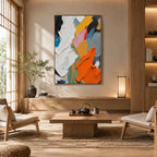 Abstract Expressionist abstract oil painting showing layered abstract marks, texture and expressive painterly movement.